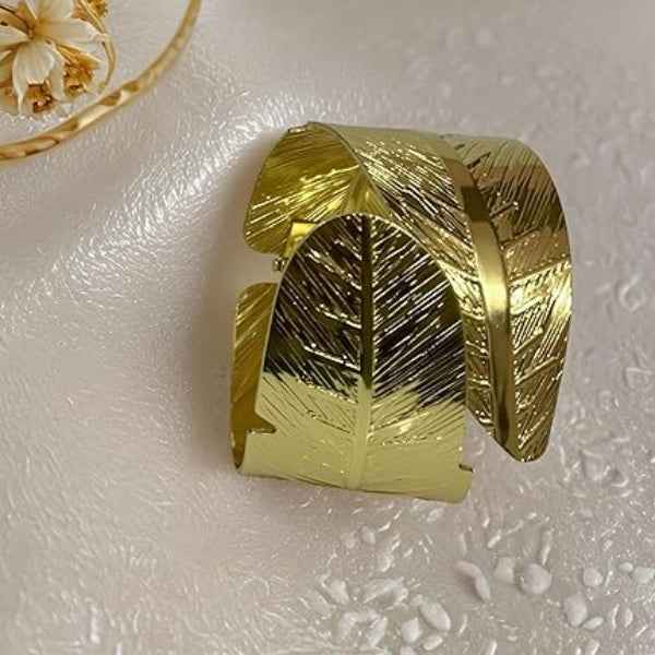 Gold Leaf Cuff: Wide Nature-Inspired Engraved Statement Bangle