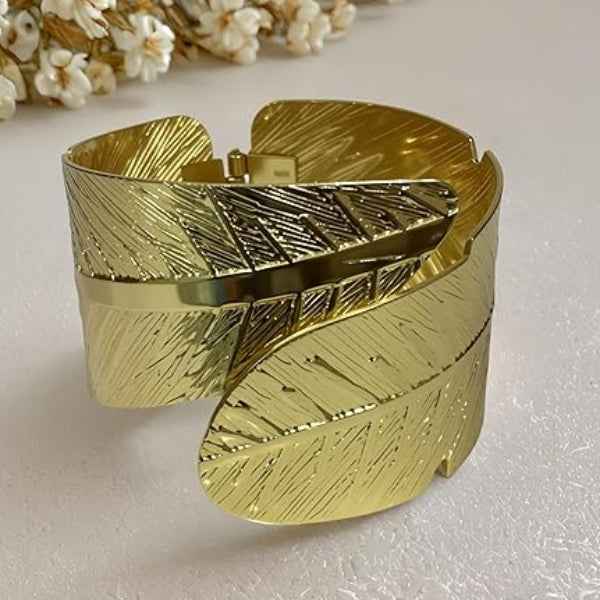 Gold Leaf Cuff: Wide Nature-Inspired Engraved Statement Bangle