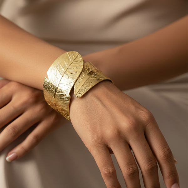 Gold Leaf Cuff: Wide Nature-Inspired Engraved Statement Bangle