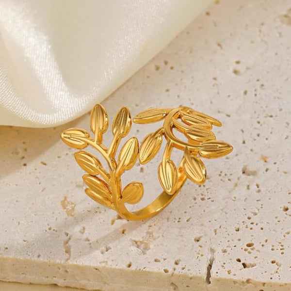 Gold Leaf Ring: Olive Branch Band Adjustable Bypass Ring for Her