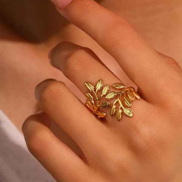 Gold Leaf Ring: Olive Branch Band Adjustable Bypass Ring for Her