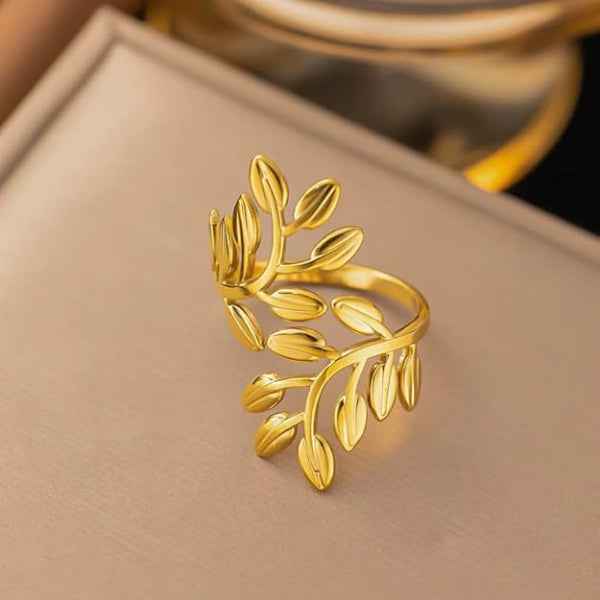Gold Leaf Ring: Olive Branch Band Adjustable Bypass Ring for Her