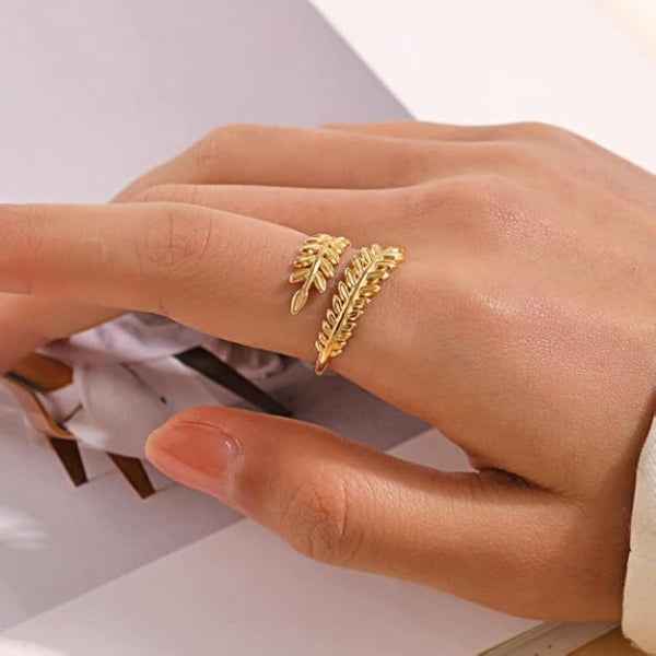 Gold Leaf Ring: Olive Branch Band Adjustable Bypass Ring for Her