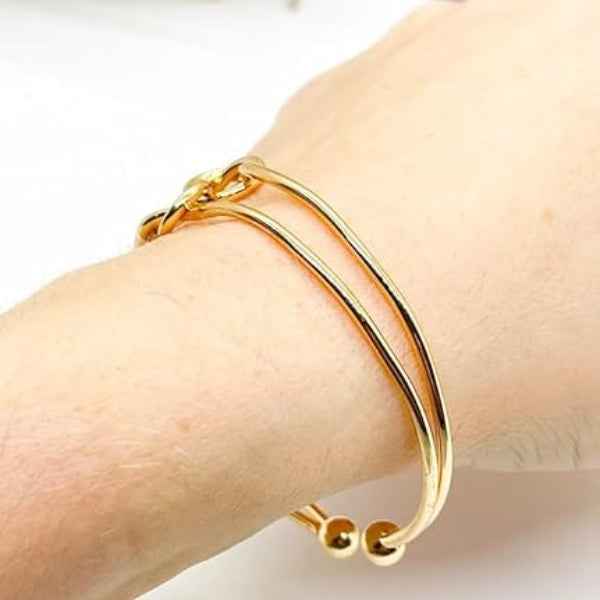 Gold Love Knot Bangle: Dainty Double Ribbon Cuff Bracelet for Women