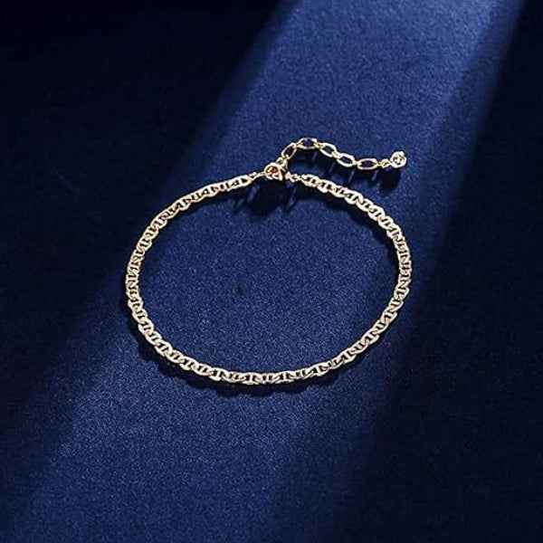 14K Gold Mariner Link Bracelet - Adjustable Dainty Anchor Chain Jewelry