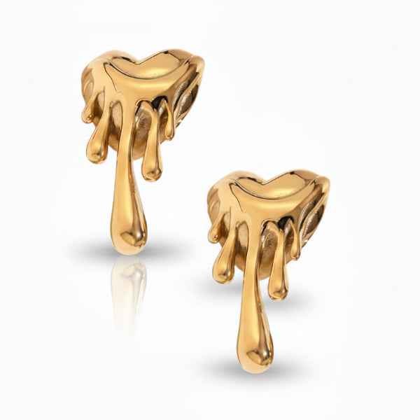Gold Melting Heart Earrings - Drip Heart Studs & Liquid Metal Jewelry