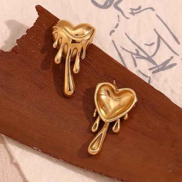 Gold Melting Heart Earrings - Drip Heart Studs & Liquid Metal Jewelry
