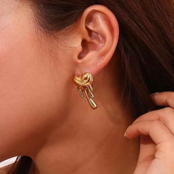 Gold Melting Heart Earrings - Drip Heart Studs & Liquid Metal Jewelry