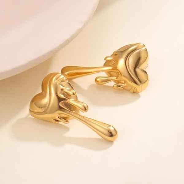 Gold Melting Heart Earrings - Drip Heart Studs & Liquid Metal Jewelry