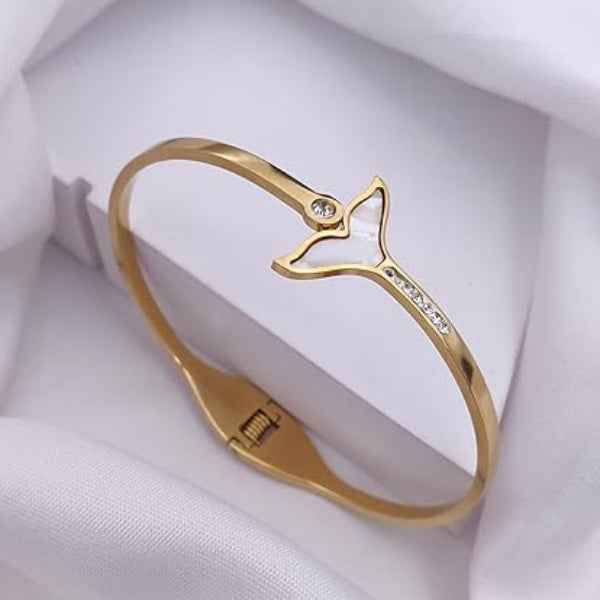 Luxurious Gold Mermaid Tail Bangle | Radiant Pearl & Crystal Jewelry