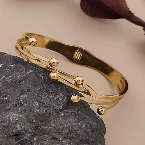 Modern Gold Bead Bangle Bracelet | Double Band Minimalist