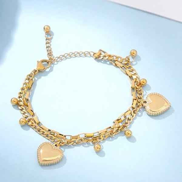 Chic Gold Multi-Layer Heart Bracelet | Radiant Double Chain Jewelry