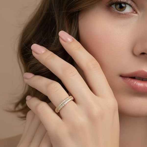 Gold Pave Band: Cubic Zirconia Ring Double Row Wedding Jewelry
