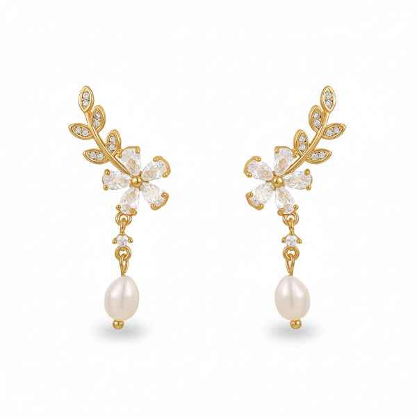 Gold Pearl Crawlers | Dainty Crystal Floral Leaf Drop Post Earrings