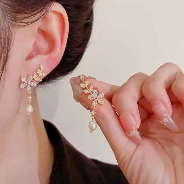 Gold Pearl Crawlers | Dainty Crystal Floral Leaf Drop Post Earrings