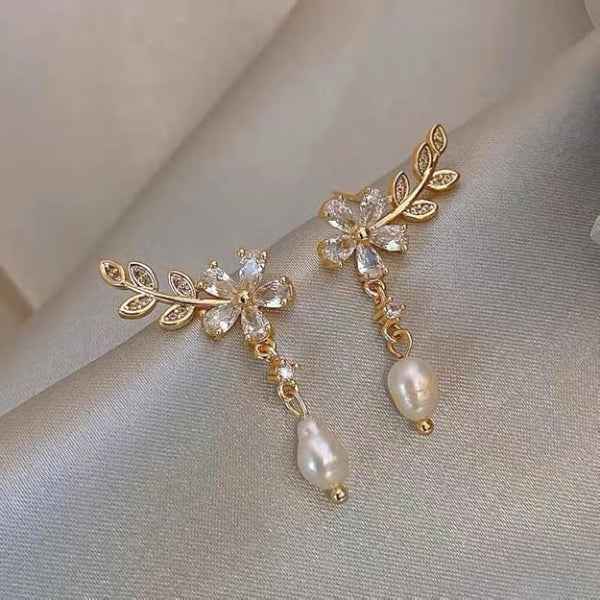 Gold Pearl Crawlers | Dainty Crystal Floral Leaf Drop Post Earrings