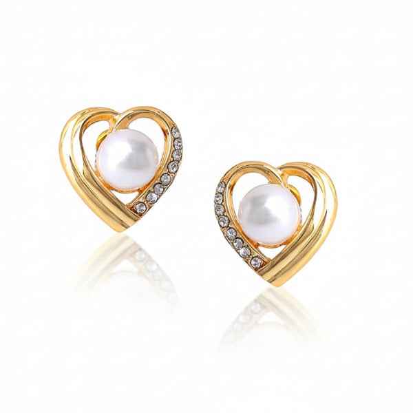 Gold Pearl Heart Earrings | Dainty Crystal Heart Studs Luxe Gift