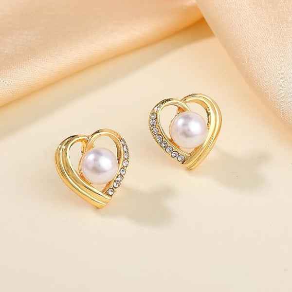 Gold Pearl Heart Earrings | Dainty Crystal Heart Studs Luxe Gift