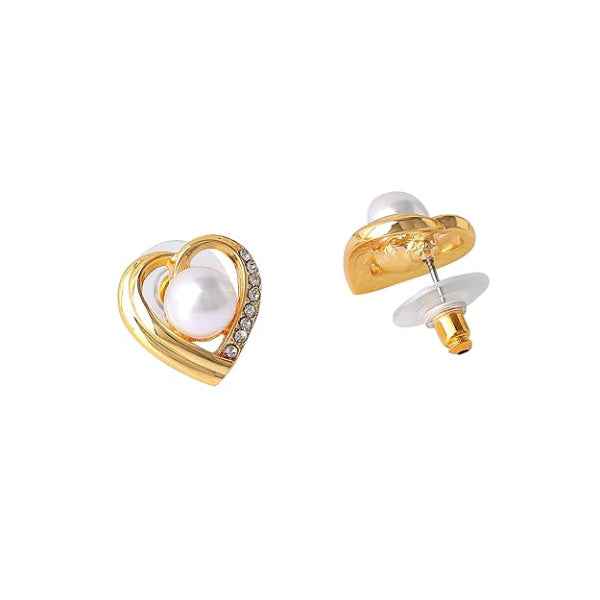 Gold Pearl Heart Earrings | Dainty Crystal Heart Studs Luxe Gift