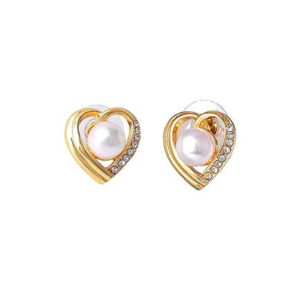 Gold Pearl Heart Earrings | Dainty Crystal Heart Studs Luxe Gift
