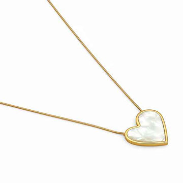 Gold Pearl Heart Necklace - Shimmering Shell Inlay Snake Chain Charm
