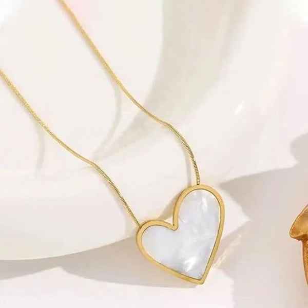 Gold Pearl Heart Necklace - Shimmering Shell Inlay Snake Chain Charm