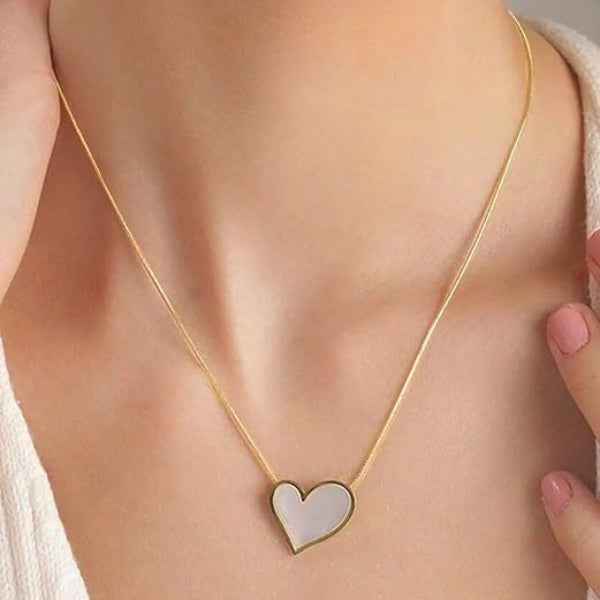 Gold Pearl Heart Necklace - Shimmering Shell Inlay Snake Chain Charm