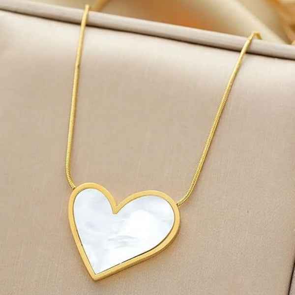 Gold Pearl Heart Necklace - Shimmering Shell Inlay Snake Chain Charm