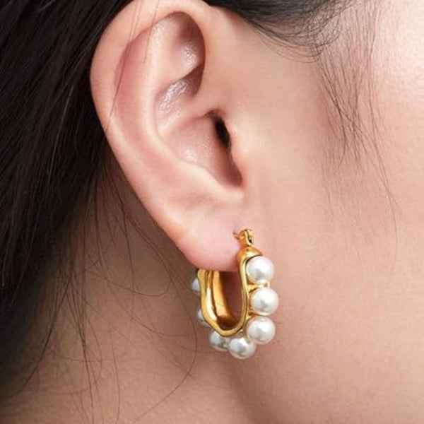 Gold Pearl Hoops: 18k Plated Huggie Earrings for Timeless Style