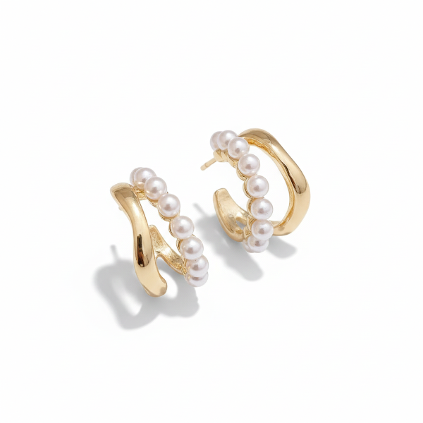 Gold Plated Pearl Huggies | Dainty Small Hoop Minimalist C-Shape Jewelry