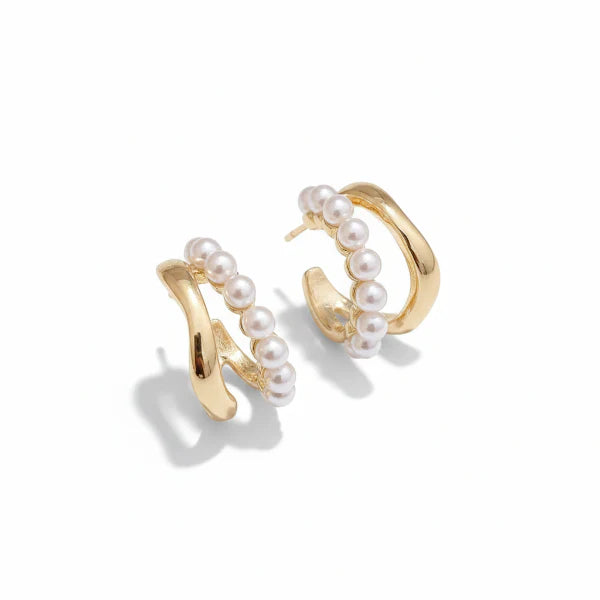 Pack of 2 Gold Plated Pearl Huggie Hoops & Pearl Ear Climbers | Minimalist C-Shape Hoops with Dainty Pearl Crawler Earrings
