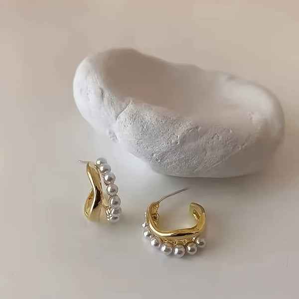 Gold Pearl Huggies | Dainty Small Hoop Minimalist C-Shape Jewelry