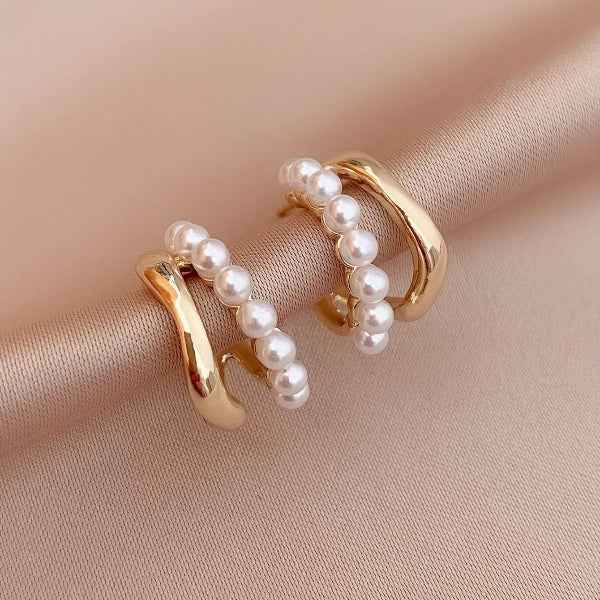 Gold Pearl Huggies | Dainty Small Hoop Minimalist C-Shape Jewelry