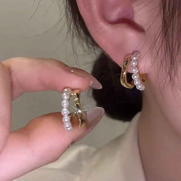 Gold Pearl Huggies | Dainty Small Hoop Minimalist C-Shape Jewelry