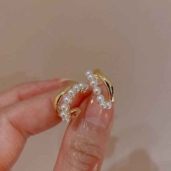 Gold Pearl Huggies | Dainty Small Hoop Minimalist C-Shape Jewelry