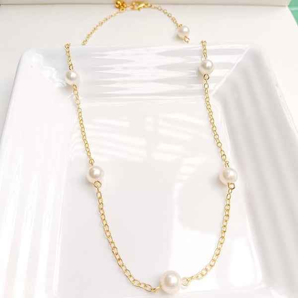 Gold Pearl Necklace | Dainty Station Chain Minimalist Jewelry Gift