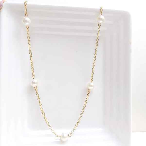 Gold Pearl Necklace | Dainty Station Chain Minimalist Jewelry Gift