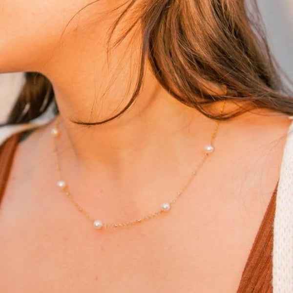 Gold Pearl Necklace | Dainty Station Chain Minimalist Jewelry Gift