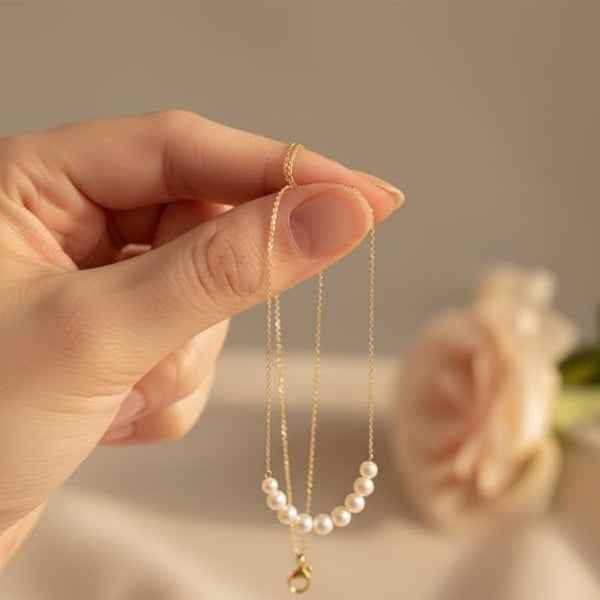 Gold Pearl Necklace - Shimmering Graduated Cultured Pearl Gold Chain