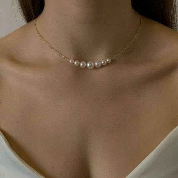 Gold Pearl Necklace - Shimmering Graduated Cultured Pearl Gold Chain