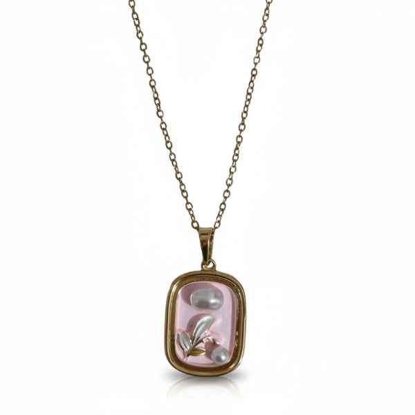 Gold Pearl Pendant | Pink Enamel Lily of the Valley Floral Necklace
