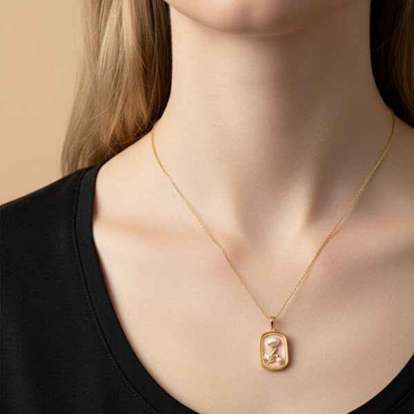 Gold Pearl Pendant | Pink Enamel Lily of the Valley Floral Necklace