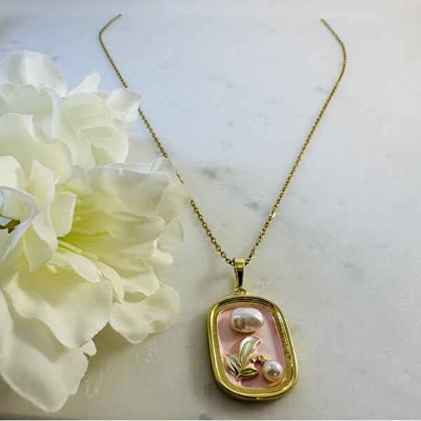Gold Pearl Pendant | Pink Enamel Lily of the Valley Floral Necklace