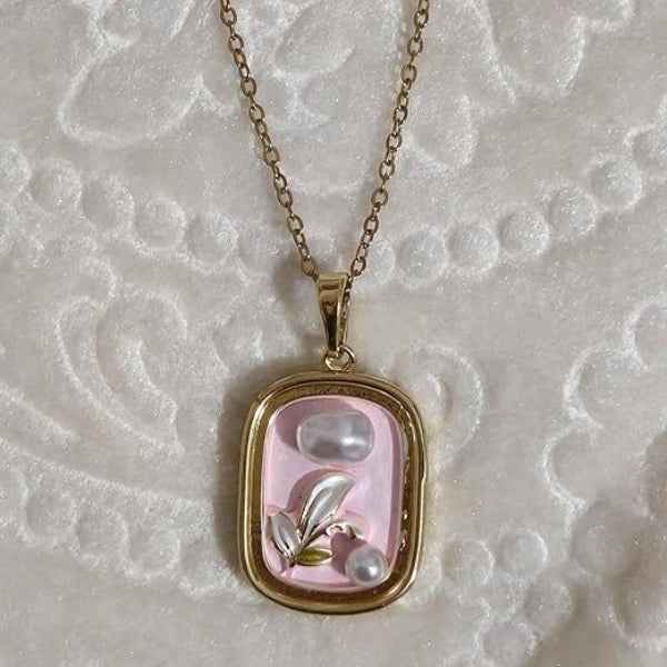 Gold Pearl Pendant | Pink Enamel Lily of the Valley Floral Necklace