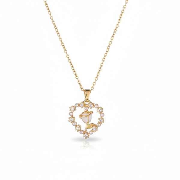 Gold Pearl Rose Necklace | Dainty Crystal Heart Floral Pendant Gift