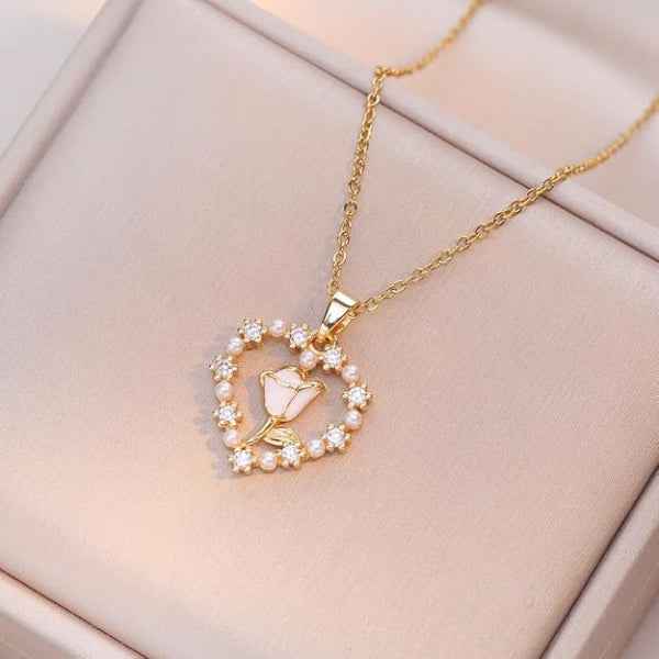 Gold Pearl Rose Necklace | Dainty Crystal Heart Floral Pendant Gift