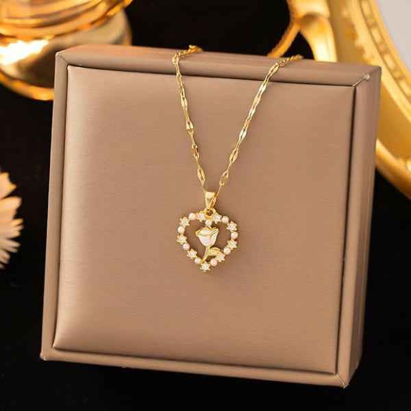 Gold Pearl Rose Necklace | Dainty Crystal Heart Floral Pendant Gift
