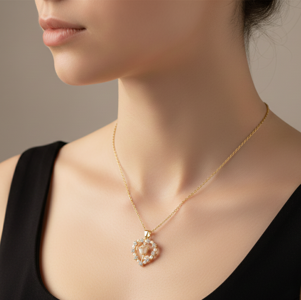 Gold Pearl Rose Necklace | Dainty Crystal Heart Floral Pendant Gift