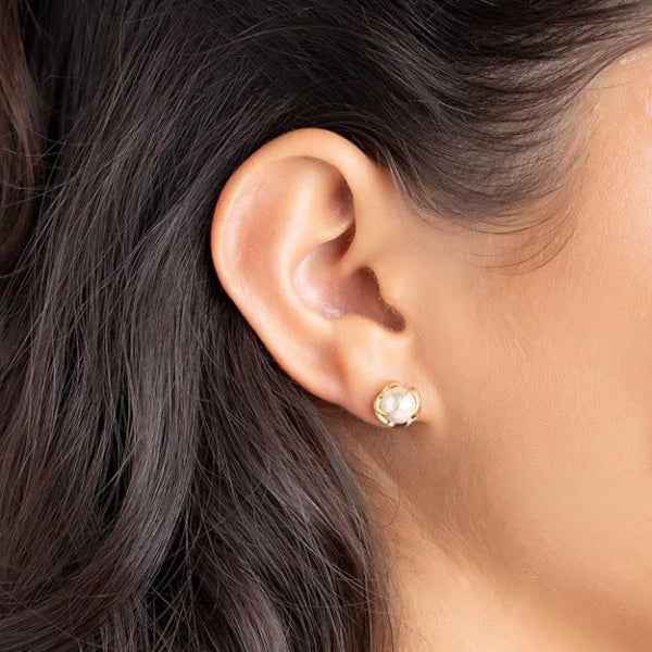 Gold Pearl Studs | Dainty 14K Gold Minimalist Shell Pearl Earrings