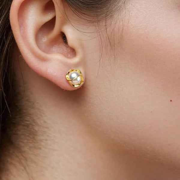 Gold Pearl Studs | Dainty 14K Gold Minimalist Shell Pearl Earrings